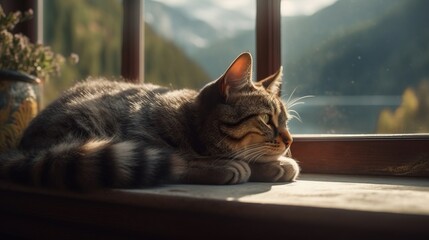Captivating Photo of a Sleepy Tabby Cat, Peacefully Curled Up and Lost in Dreamland