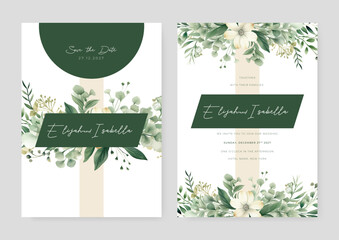 White and green jasmine modern wedding invitation template with floral and flower