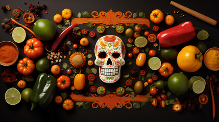 Mexican Halloween skulls with food. Halloween gastronomy. Gastronomy of the day of the dead.