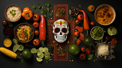 Fototapeta na wymiar Mexican Halloween skulls with food. Halloween gastronomy. Gastronomy of the day of the dead.