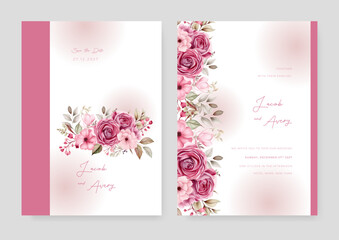 Pink and white modern wedding invitation template with floral and flower