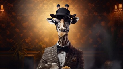 an exquisite portrayal of a fashionable giraffe, wearing a cap and smoking a pipe, on a lavish onyx backdrop.