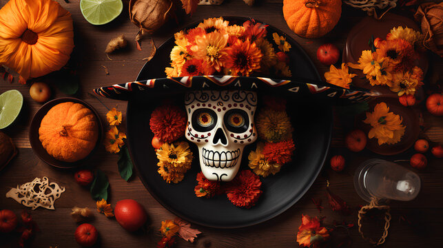 Mexican Halloween skulls with food. Halloween gastronomy. Gastronomy of the day of the dead.