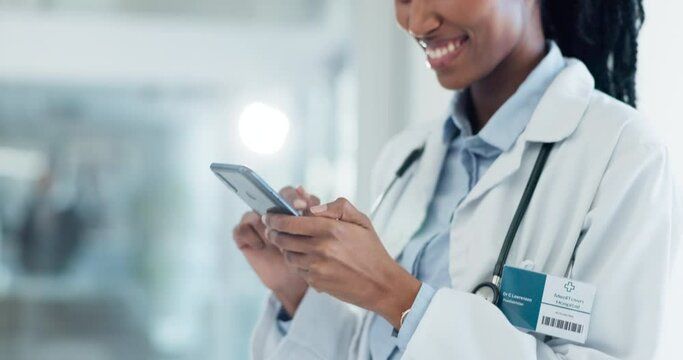 Hands, medical doctor and a phone for online communication, email or funny website in hospital. Happy healthcare person with smartphone typing for medicine research, social media or network database