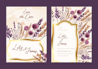 Purple rose modern wedding invitation template with floral and flower