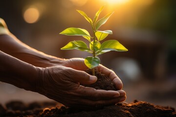 The concept of planting a seedling of a plant or tree, care and watering. Greenery as a symbol of ecology