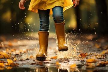 Happy children jumping through puddles in autumn. Background with selective focus