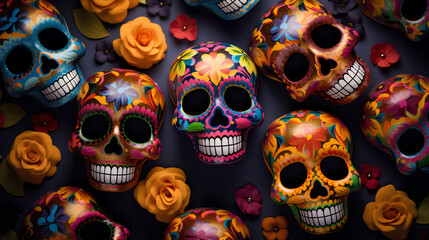 Backgrounds of original, colorful Mexican skulls with flowers. Backgrounds of Mexican skulls decorated for Halloween and the Day of the Dead.