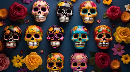 Papier Peint photo Crâne Backgrounds of original, colorful Mexican skulls with flowers. Backgrounds of Mexican skulls decorated for Halloween and the Day of the Dead.