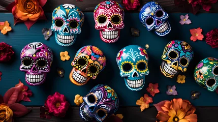 Behang Schedel Backgrounds of original, colorful Mexican skulls with flowers. Backgrounds of Mexican skulls decorated for Halloween and the Day of the Dead.
