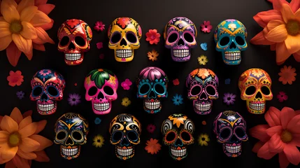Photo sur Aluminium Crâne Backgrounds of original, colorful Mexican skulls with flowers. Backgrounds of Mexican skulls decorated for Halloween and the Day of the Dead.
