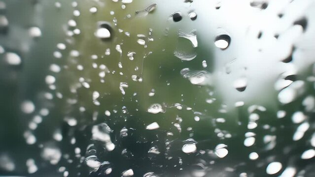 A macro shot of drops of rain as they fall onto a window sill.