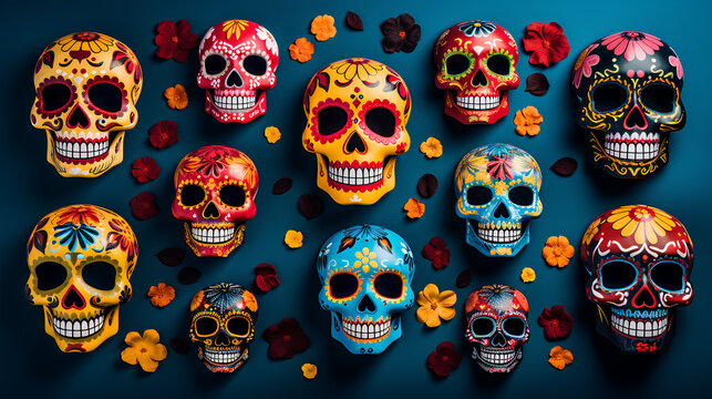 Backgrounds of original, colorful Mexican skulls with flowers. Backgrounds of Mexican skulls decorated for Halloween and the Day of the Dead.