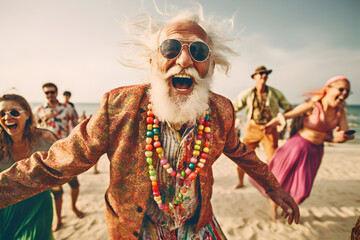 A Old grey hair hippie grandpa with long white beard dancing on a summer beach party in a colorful dress, wearing Sunglasses and colorful Hawaii shit dancing with people, generative ai  