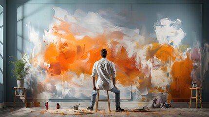 Painter Painting Wall With Abstract