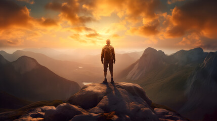 Fototapeta premium A lonely hiker enjoy the beautiful sunset panorama on top of a mountain, sunset mountain view, generative ai 