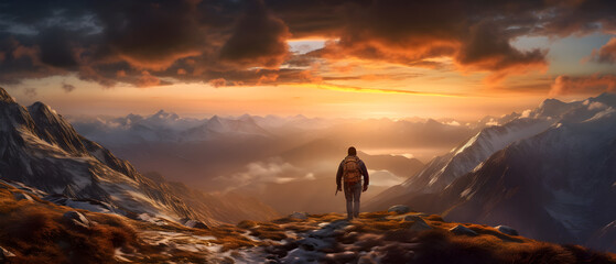 A lonely hiker enjoy the beautiful sunset panorama on top of a mountain, sunset mountain view, generative ai 