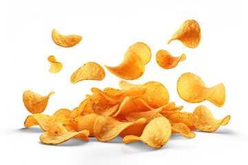 Potato chips falling to the ground. Manual cut out on transparent - obrazy, fototapety, plakaty