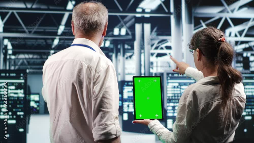 Poster experts using chroma key tablet to monitor energy efficient data center clusters. server devices usi