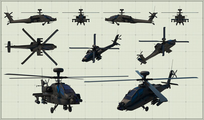 Fototapeta na wymiar American twin-turboshaft attack helicopter. Helicopter us army. Blueprint with projections. Scale model.