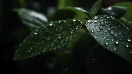 Close-Up Photo of Water Droplets Glistening on Vibrant Green Leaves, Showcasing Nature's Refreshing Beauty and Tranquility