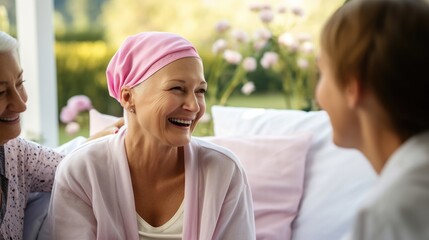 woman undergoing chemotherapy, being comforted by her loved ones, acknowledging the importance of balanced diet for managing side effects and hastening recovery.
