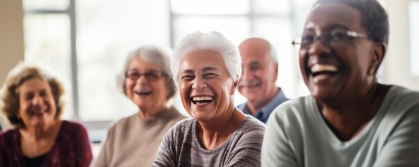 closeup of the tired, yet encouraging smiling faces of group of older adults, sharing comradely laugh during support group meeting for older patients coping with cancer diagnosis.