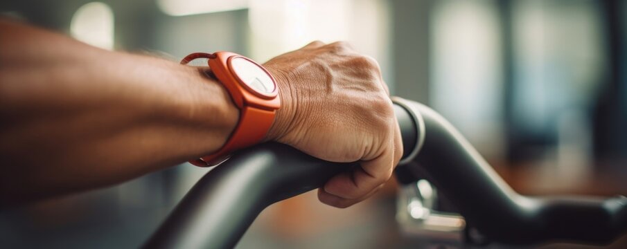 closeup of pair of hands on bicycle handle in gym, representing cancer patients who consistently engage in physical activity regardless of their ongoing treatment.
