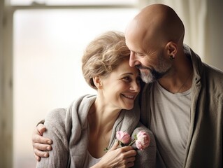 affectionate couple, with the woman resting her head on her partners shoulder, visible scar indicating mastectomy, symbolizing resilience and comfort in facing terminal illness.
