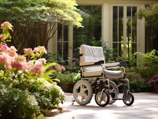 The image of an unoccupied wheelchair parked in front of large window, overlooking beautiful garden in bloom. The empty wheelchair symbolizing the inevitable stage of life where one departs,