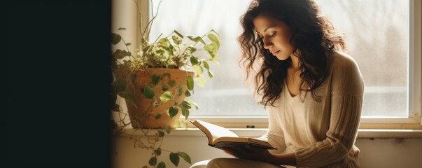 meaningful picture of survivor sitting beside the window, engrossed in reading selfhelp book that helped her fight and overcome her cancer fears.