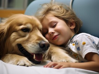 trained therapy dog is lying next to young patient, the childs hand resting lightly on the dogs side. Animals in hospitals are powerful tool in helping patients manage stress, anxiety,