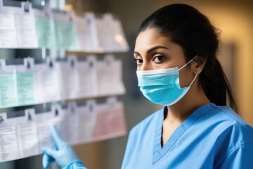 young woman in medical scrubs, her face masked, looks on at chart in her hands. The strain in her eyes capturing the weight of having to discuss endoflife care decisions with those facing