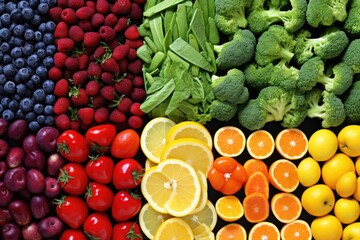 tableau of different colored fruits and vegetables depict vast spectrum of antioxidants that could aid in battling cancer. The vibrant colors entice and beckon, indicative of natures pharmacy