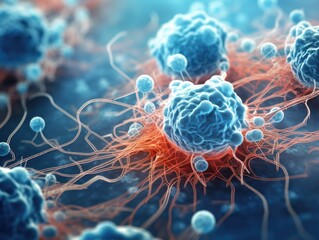 microscopic view of seniors cells intertwining from healthy state to cancerous state due to the aging process.