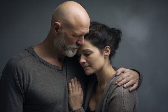 picture of man consoling his wife, who has been diagnosed with cancer, twin emotions of grief and strength on their faces, expressing their mutual struggle against the disease and the
