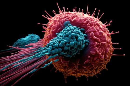 image showcasing the structure of an ovarian cancer cell, displaying the irregular form and tered nucleus typical of malignant cells.