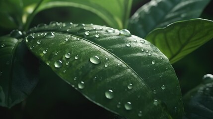 Captivating Close-Up Shot of Water Droplets Glistening on Green Leaves against a Dark Background, Illustrating Nature's Contrast and Elegance