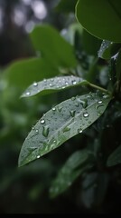 Fototapeta premium Captivating Close-Up Shot of Water Droplets Glistening on Green Leaves against a Dark Background, Illustrating Nature's Contrast and Elegance