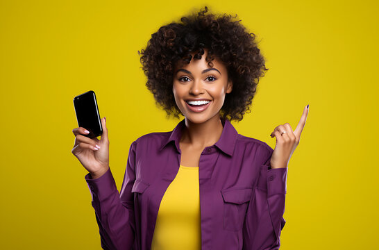 woman holding a cell phone, black woman holding a cell phone idea, creativity, had, generative ai