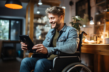 accessibility, wheelchair user using tablet, wheelchair user working, generative ai