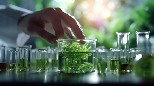 scientist, within a laboratory setting, carefully cradles a test tube housing a vibrant green plant, signifying the heart of scientific research and development.