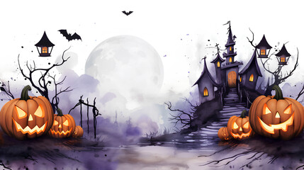 Halloween landscapes illustrated in watercolor. Illustrations of spooky Halloween landscapes with pumpkins, bats, haunted houses...