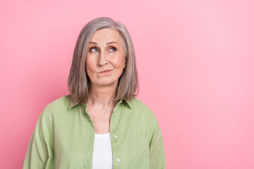 Photo of beautiful funny business woman retired khaki shirt look serious idea doubts about new...