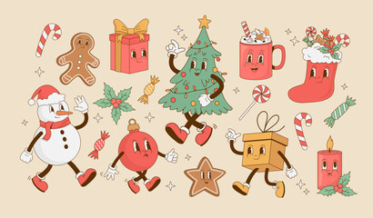 Collection of Christmas and New year characters in retro style. Christmas tree, gift box, latte, candy, gingerbread, snowman, ball cartoon mascot vector illustration. Nostalgia 70s, 80s, 60s