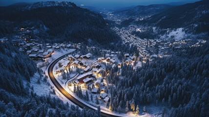 aerial view captures a mountain hamlet under the night sky. A breathtaking winter landscape. - obrazy, fototapety, plakaty