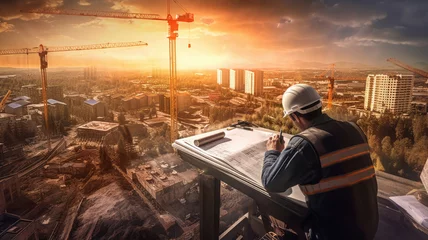 Foto op Aluminium As the sun sets, an engineer manages a construction site with an ongoing building project. © sri