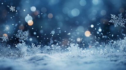 Fototapeta na wymiar Winter Wonderland: Sparkling Snowflakes and Shimmering Bokeh Lights Set the Perfect Christmas Background