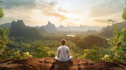 Fototapeta premium youthful man practices meditation in the lotus posture on the mountain's summit.
