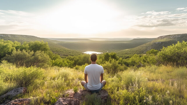 In the tranquil evening, a young man meditates atop a mountain in the lotus position.